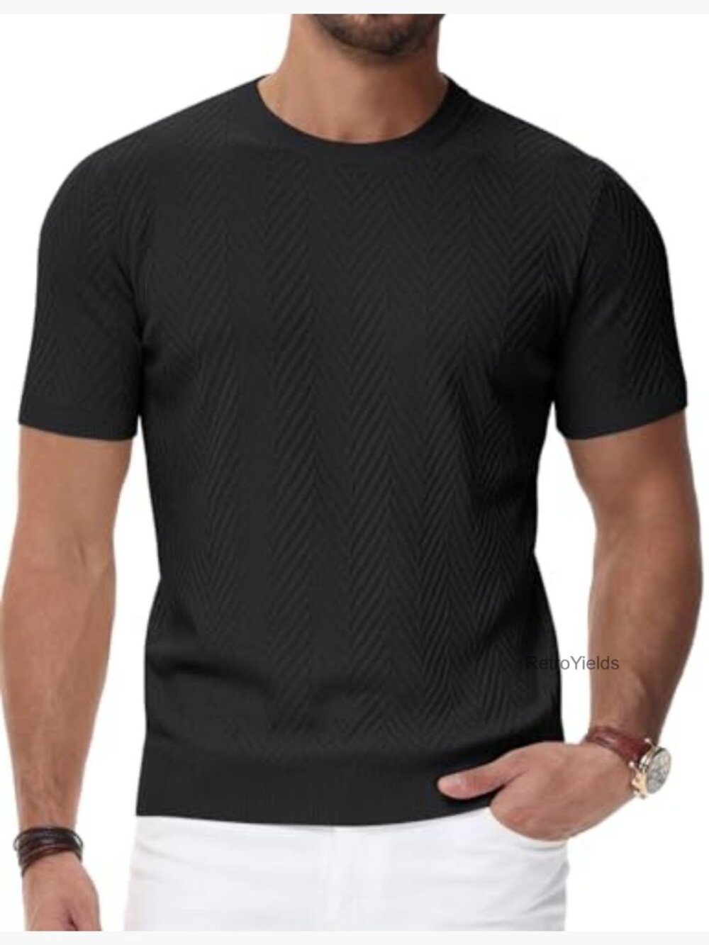 Short Sleeve Knit T-Shirt Crewneck Solid Texture Pullover Tee - Picture 2 of 7